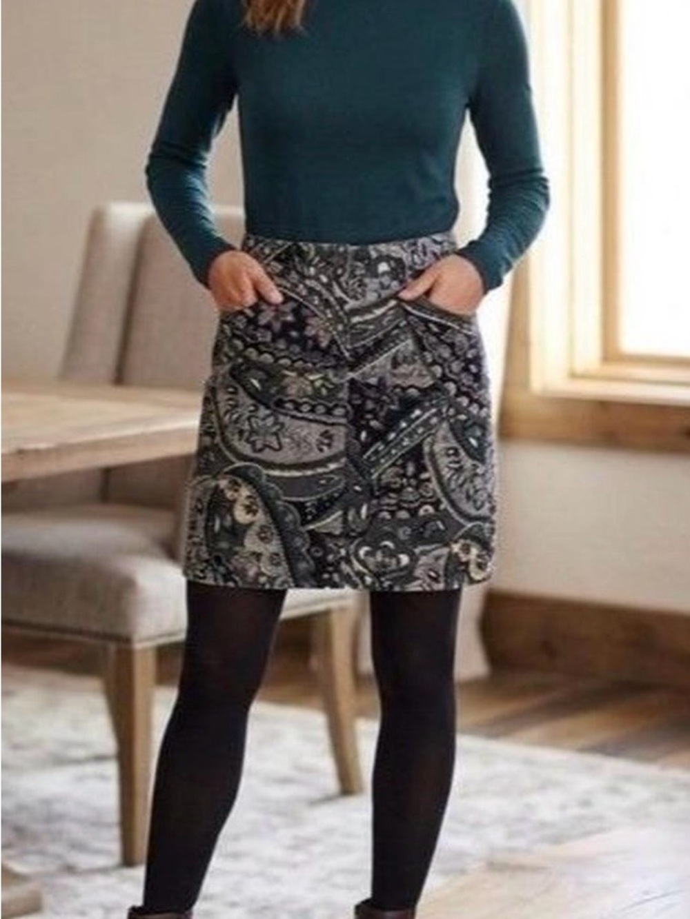 Ann Taylor Corduroy Mini Skirt Size 6 Paisley Print Grey Black Teal 5-Pocket